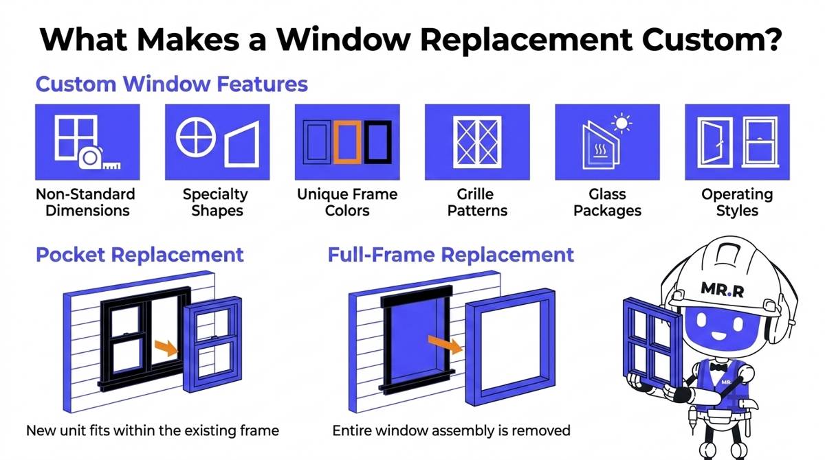 Custom window features and a comparison of pocket replacement within an existing frame versus complete full-frame removal.